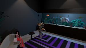 A cozy virtual reality lounge featuring two animated avatars — a stylish woman in a shimmering red gown seated on a cream sofa, and a fox-like character in futuristic armor with multiple cameras on all sides standing nearby. Behind them, a large aquarium