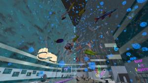 An underwater-themed virtual reality art space filled with vibrant coral, glowing blue bubbles, and colorful fish swimming overhead. The area includes bright neon signage reading “River Art Emporium,” sleek seating areas, and a stunning chandelier, showca