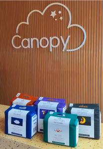 Arsahd eco-friendly baby diapers displayed in front of The Canopy NYC logo, highlighting the brand partnership between Arsahd and The Canopy NYC in Williamsburg, Brooklyn.