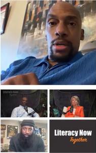 A four-panel image showing Ameer Baraka speaking during the “Literacy Now Together” podcast, with cohosts Kareem Weaver and Brett Tingley in studio and Deon Butler joining remotely. The discussion focuses on dyslexia, literacy, and second chances.