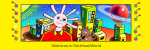 Colorful banner image reading “Welcome to StickheadWorld,” representing the Pop Art brand and creative universe of artist Tiptree Cordwainer.
