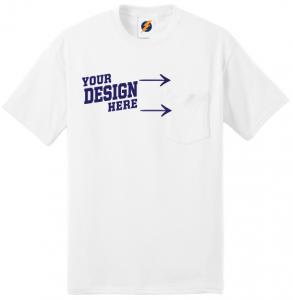 White BD55P custom pocket t-shirt with “Your Design Here” text printed above the pocket.