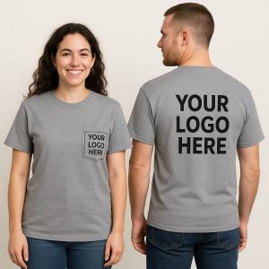 Front and back view of models wearing gray BD55P pocket t-shirts with customizable logo areas.