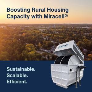 Aerial view of a rural Ontario community at sunset with a Miracell® RBC Ultra wastewater treatment unit in the foreground. Text on image reads “Boosting Rural Housing Capacity with Miracell®. Sustainable. Scalable. Efficient.”
