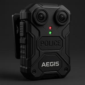 AEGIS AI bodycam μπροστινή όψη με διπλούς φακούς κάμερας, μπλε φωτισμό LED και σχισμές μικροφώνου - Ελληνική καινοτομία τεχνολογίας επιβολής νόμου
