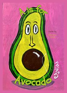 a painting of an avocado... book cover for A is for Avocado.
