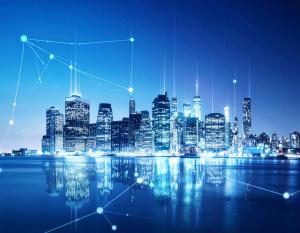 Digital illustration showing evolving technology across the commercial real estate landscape with connected buildings, cloud dashboards, and mobile inspection tools.