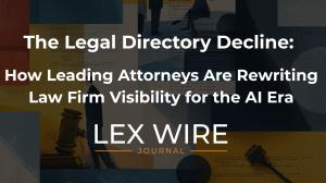 Abstract illustration depicting attorneys, legal documents, and gavels layered within geometric shapes in blue, yellow, and red — symbolizing the evolving landscape of law firm visibility and authority in the digital era.