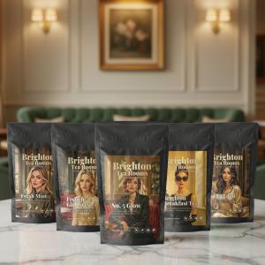 Image of tea pouches on a granite kitchen bench withBrighton Tea Rooms five signature blends: French Girl Grey, Mint Fresh, La La Land (chamomile) No. 5 Glow and Brighton Breakfast