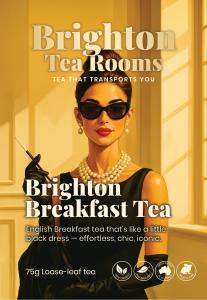 Tea label with woman dressed as Holy Golightly in Breakfast at Tiffany's - classic elegance and style