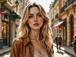 A oyoung woman wearing a brown leather jacket