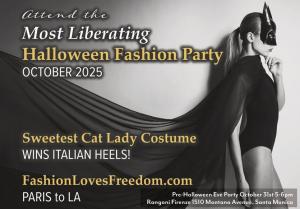Walk on Montana Avenue On Oct 31st Between 5-6pm in front of Rangoni Firenze Sweetest Cat Lady Costume wins Italian heels www.FashionLovesFreedom.com Paris to LA!