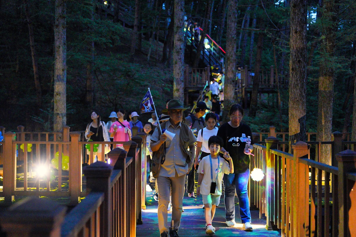 Participants on a night trek on Mt. Gayasan offered as part of the 'Twinkle Seongju!' program in Seongju, South Korea.