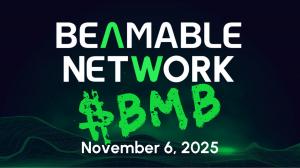 Beamable Network $BMB launch date graphic showing the Beamable Network logo and text reading ‘$BMB – November 6, 2025’ on a dark background with green digital wave lines.