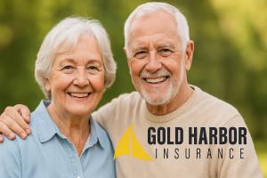 Smiling elderly couple sitting outdoors on a sunny day, symbolizing the security and peace of mind provided by Gold Harbor Insurance’s permanent final expense insurance plans.