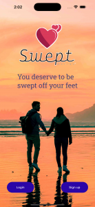 Smartphone screenshot of Swept Dating app welcome screen: sunset beach with silhouetted couple holding hands; app logo with three pink hearts and 'Swept DATING™' text; tagline 'You deserve to be swept off your feet'; purple 'Login' and 'Sign up' buttons.