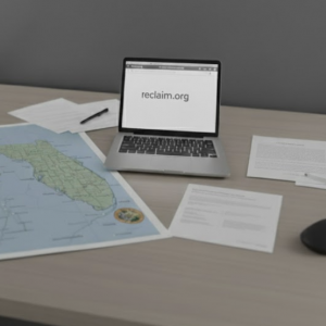 A close-up, high-angle view of a map of Florida spread on a wooden desk. Next to the map is an open silver laptop with the text "reclaim.org" displayed prominently and centered on the white screen. A black pen rests on loose papers behind the laptop.