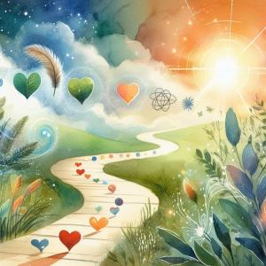 Watercolor illustration titled ‘Path of Change’ showing hearts blooming along a winding path toward light, symbolizing growth, healing, and personal transformation.