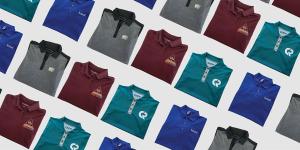 a grid of polo shirts with different colors and branded logos