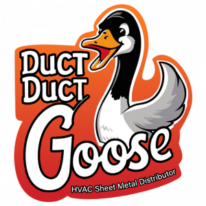 Duct Duct Goose logo featuring a smiling cartoon goose with a black and white head and orange beak, set against an orange gradient background. The text reads ‘Duct Duct Goose – HVAC Sheet Metal Distributor.