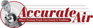Accurate Air logo featuring a young boy hugging a dog inside a red circular frame, with the company name ‘Accurate Air’ in red text and the slogan ‘Where Treating People Like Family Is Tradition