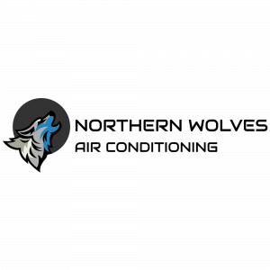Northern Wolves Air Conditioning logo featuring a stylized howling wolf head in shades of blue, gray, and black, symbolizing strength and reliability in HVAC services.