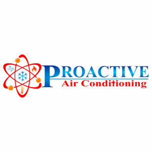 Proactive Air Conditioning logo featuring a red atomic design with HVAC icons for cooling, heating, and airflow, alongside the company name in blue and red text