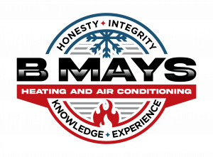 B. Mays Heating and Air Conditioning logo featuring a stylized red flame and blue snowflake design representing heating and cooling services.