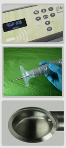 Arobella Ultrasonic Wound Debridement System, including the control unit and handpiece with metal probe tip, shown on a green surgical drape. The device uses acoustic energy to remove damaged tissue while preserving healthy cells.