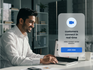Smiling business professional using a laptop for a real-time customer video call, representing a video contact center solution that helps businesses connect instantly with customers.