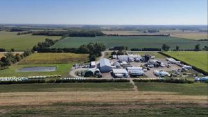 An aerial image of various buidling, blending towers, and infrastructure from the companies operations in Ontario