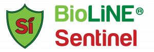 Logo of the new BioLiNE Sentinel Product consisting of a shield with stylized lettering saying BIoline Sentinel