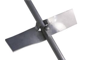 Image is closeup of open blades on Fluoramics' 5 and 55 gallon mixers