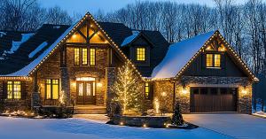 House with Christmas lights along the eaves during the wintertime. There is snow on the ground surrounding the house.