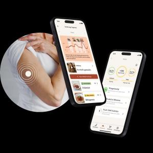 The image shows the glucura app and a continuous glucose monitor on the arm of a patient. The image has two screens of the glucura app. One of them shows how different foods impact glycemic responses. The second screen shows daily overview of calories and