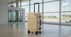 Peli hard-shell beige carry-on case with telescopic handle and 360° spinner wheels displayed in a modern airport terminal – durable, lightweight travel luggage designed for maximum protection and mobility.