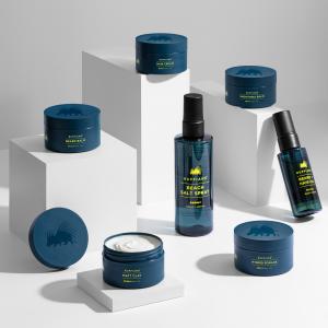 Ruffians blue products places upon plinths at different heights