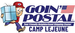 The logo for Goin' Postal of Camp Lejeune, featuring mascot holding a package for shipping.