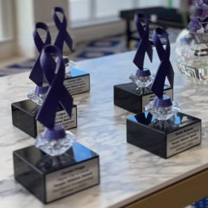 Awards featuring a purple ribbon sculpture provided by Awards TrophyWorld for the Annual Purple & Pink Ribbon Luncheon.