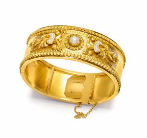 18K Gold Wide Bangle Bracelet with Pearls