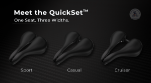Image showcasing the QuickSet™ adjustable bicycle seat with three width options — Sport, Casual, and Cruiser — displayed side by side on a dark carbon-fiber background. Text reads 'Meet the QuickSet™ – One Seat. Three Widths.' with a small logo showing a 