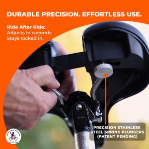 Underside view of the QuickSet™ adjustable-width bike seat showing precision stainless-steel spring plungers and dual-rail mounting system. Text highlights the seat’s durable construction and tool-free, quick-adjust design.