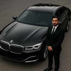 Luxury black car service with chauffeur and BMW sedan providing airport transfer between San Diego and LAX