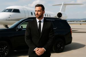 Luxury black car service providing airport transfers between San Diego and LAX, featuring chauffeur and executive SUV near private jet.