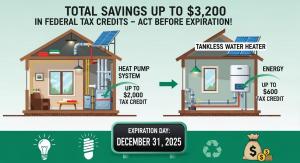 Infographic-style cross-section of a cozy home showing labeled HVAC upgrades including a heat pump ($2,000 credit) and tankless water heater ($600 credit), with arrows to savings, a countdown clock to December 31, 2025, and eco-icons like lightbulbs and m