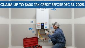 View of a compact tankless water heater in a utility room, with connected pipes and a digital display showing 30% energy savings; includes a plumber's hands adjusting it and overlay text 'Claim Up to $600 Tax Credit Before Dec 31, 2025.'