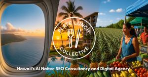 our-panel image showing Hawaii tourism journey: airplane window view, resort at sunset, pineapple field, farmer's market