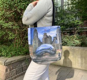 Woman holding wearing a Chicago Tote Bag that looks amazing!