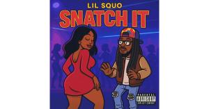 Cover art for Lil Squo’s single SNATCH IT featuring a cartoon-style image of a woman in a red dress dancing with a man wearing a backward cap, jacket, and denim jeans in a blue club scene background.