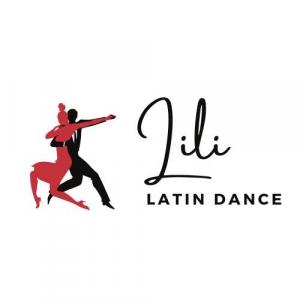 lili latin dance logo silhouettes in re and black man and woman dancing on white background